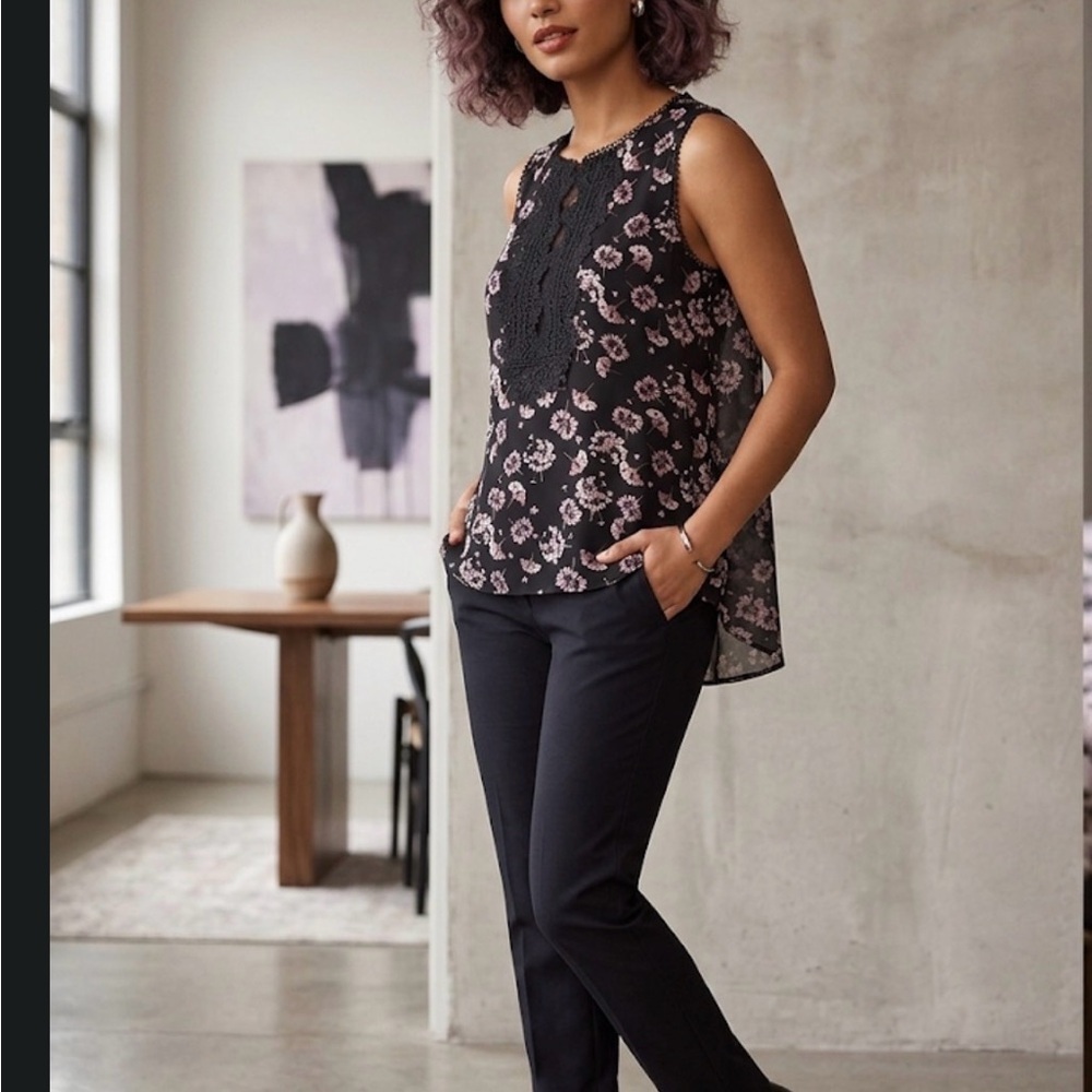 White House Black Market Floral Top with Black Straight Leg Pants